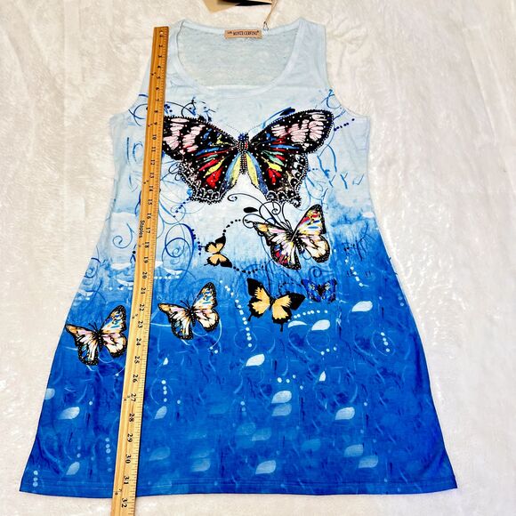 Monte Cervino Women's  Blue Butterfly Print Mini Lace Back Dress Tunic Sz L/XL - Picture 7 of 11